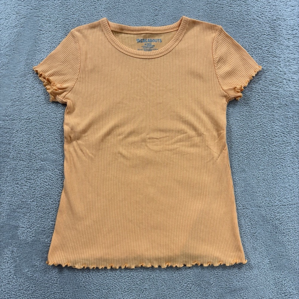 Thereabouts Top Girls Medium 10/12 Ribbed Crew Short Sleeve Lettuce Edge Orange